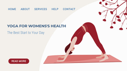 Yoga for women&rsquo;s health web banner with female character in downward dog pose. Flat illustration for wellness websites, yoga studios, healthcare and lifestyle platforms.
