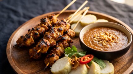 Indonesian food, Satay, Sate Ayam, chicken skewers, peanut sauce, traditional cuisine, rice cakes, authentic, grilled food, Asian food, rustic, professional food.