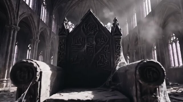 Ornate Abandoned Throne in Ruined Gothic Cathedral Bathed in Ethereal Sunbeams, Symbolizing Lost Power and Decay