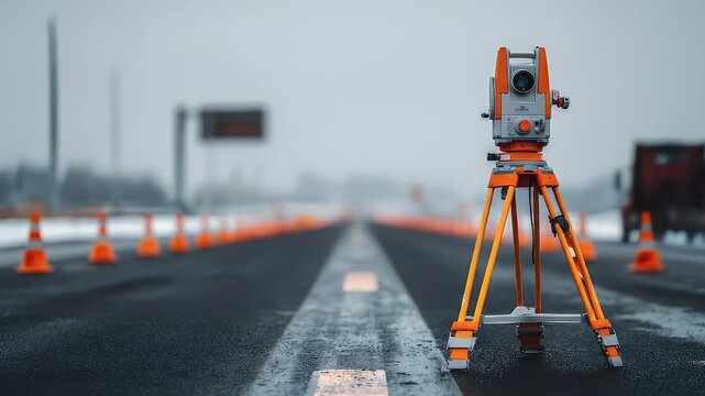 Surveying the road with an instrument on a tripod highlighting orange safety cones a white line and a dark asphalt surface under overcast lighting conditions