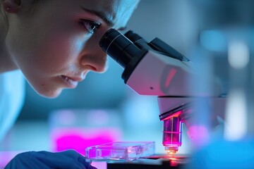 scientist looks through microscope in lab. Bright lights illuminate samples and equipment while she focuses on her work. atmosphere is busy and focused