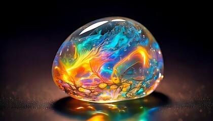 A luminous, oval-shaped orb glows with swirling, vibrant colors within a clear, polished exterior, resting on a reflective surface