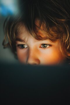 vertical shot boy sits in dim room, staring at screen. soft glow from screen highlights his face and reveals his concentration. His eyes show interest and curiosity