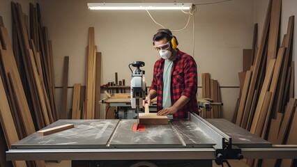 Craftsman wearing protective gear safely operates a table saw to cut a wooden plank in a well-stocked workshop