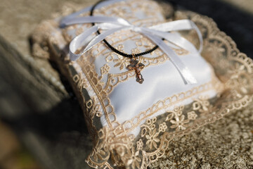 Wedding Ring Pillow with Cross Necklace