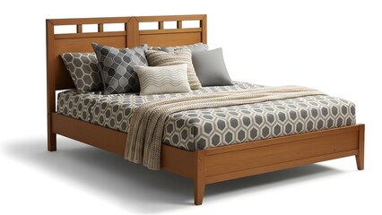 A beautiful wooden bed frame featuring contemporary bedding with geometric patterns and various throw pillows