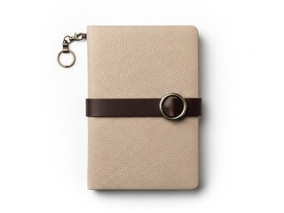 Beige leather notebook with brown strap and keyring, isolated on white background