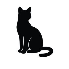 Silhouette of Sitting Cat on White Background