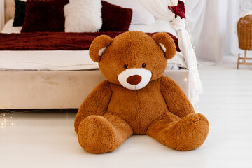 Cute Teddy Bear in Cozy Bedroom Interior