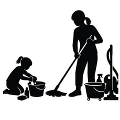 Silhouette of woman and child cleaning with mop and bucket