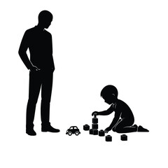 Child playing with blocks and standing man silhouette