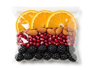 Assorted fruits and nuts in clear bag isolated on white background