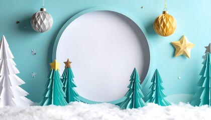 Festive, wintery still-life scene with paper decorations surrounding a white circular background, soft teal backdrop