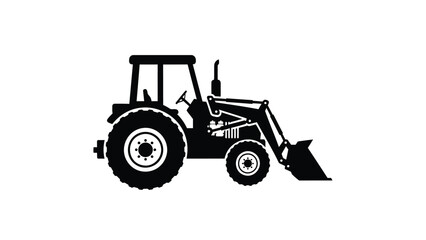 Black silhouette of a tractor with a front loader on a white background industrial vehicle