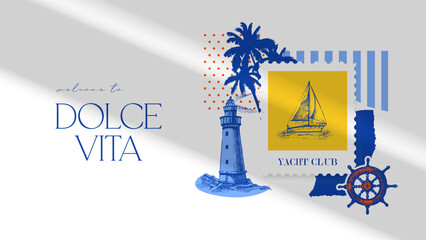 Hand drawn sketch tropical poster. Dolce vita summer vibe. Vintage summer Italy Mediterranean coastal vacation banner. Vector illustration © pim