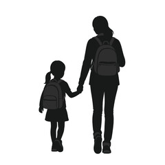 Silhouette of Woman and Girl Holding Hands with Backpacks