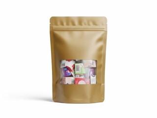 Brown kraft paper packaging bag with transparent window isolated on white background