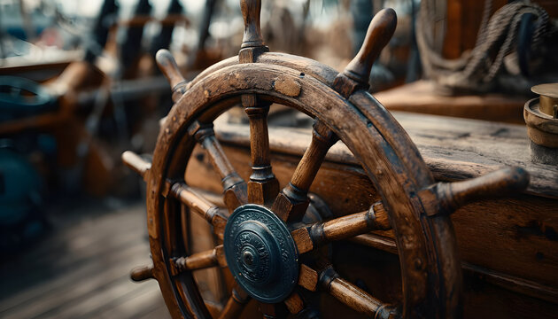 Close up of an old wodden ship's steering wheel of a traditional european sailing ship Rickmer Rickmers from the 19th century. Camera panning movement