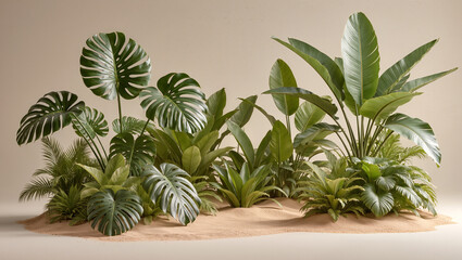 Obraz premium Lush green plants creating a tropical oasis in soft sandy ground