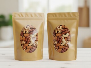 Two packages of mixed nuts isolated on white background