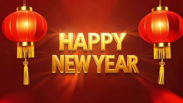 Vibrant chinese new year greeting featuring glowing golden text and traditional red lanterns against a rich festive background