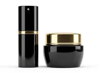 Black and gold cosmetic containers isolated on white background