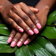 Crossed hands with pink nails rest on lush green leaves against a dark backdrop, displaying vibrant contrast