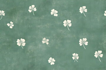 Seamless Pattern with White Four Leaf Clovers on Green Textured Background