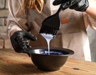 Hair dye stylist mixes creamy violet color with brush in bowl, against brick wall backdrop on a wooden counter