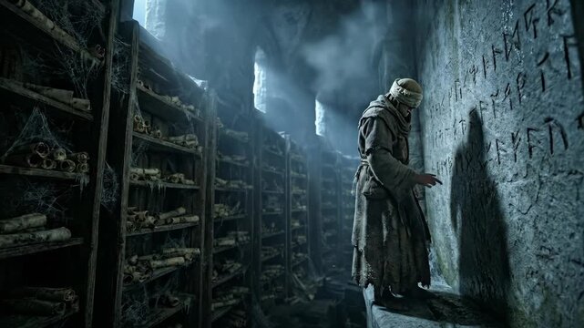 Robed man touching ancient runes on stone wall in dark chamber. Mystic exploration and rune activation sequence in fantasy library setting.