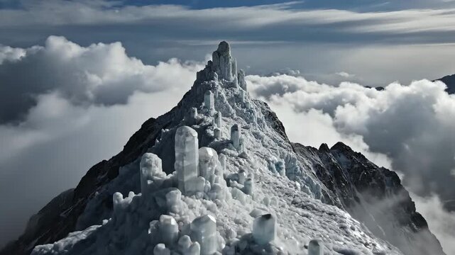 Towering ice crystals forming jagged spires on a snowy mountain peak emerging from dramatic clouds