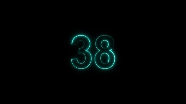 neon number 38 glowing on a black background, digital countdown timer element, vibrant futuristic typography	