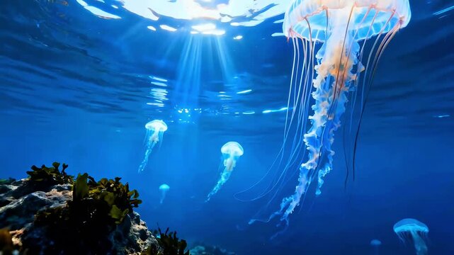 Several translucent jellyfish drift gracefully through deep blue ocean water illuminated by bright sun rays piercing the surface near coral
