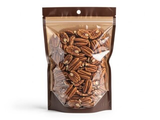 Pecan nuts in a pouch, isolated on white background