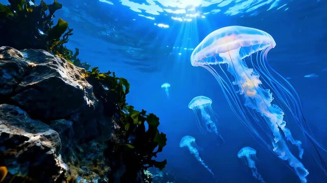 Several translucent jellyfish drift gracefully through sunlit deep blue ocean water near a rocky reef structure teeming with marine life
