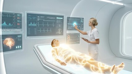 Futuristic nurse performing holographic medical scan on male patient. Woman in uniform using tablet with digital screens and energy fields in sci-fi clinic for advanced healthcare technology - Powered by Adobe