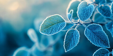 Frosted Blue Leaves with Ice Crystals in Cold Winter Morning

