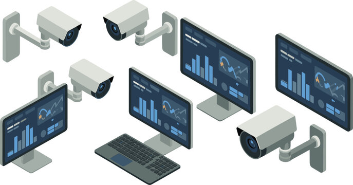 Isometric security surveillance system illustration with CCTV cameras monitoring screens computer dashboard modern video monitoring technology