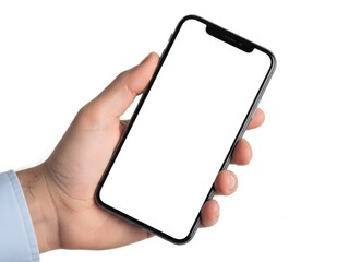 Hand holding smartphone isolated on white background