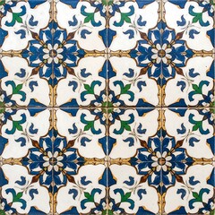 Eight antique tiles with floral and foliate designs in blue, green, and brown on a white background, forming a square