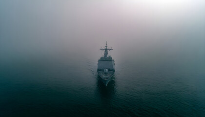 Obraz premium Drone shot of navy ship on foggy sea, centered