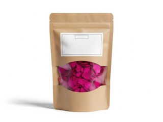 Kraft paper pouch with pink content isolated on white background