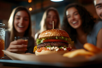 Group of Friends Enjoying a Gourmet Burger in a Restaurant