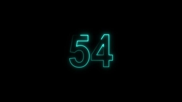 neon number 54 glowing on a black background, digital countdown timer element, vibrant futuristic typography	