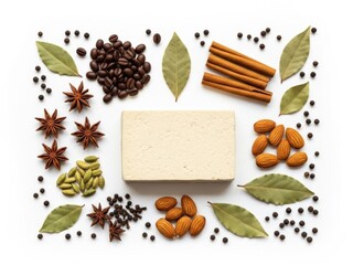 Spices and toffee isolated on white background