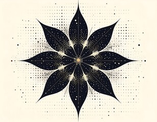 Eight dark, pointed leaves emanate from a central bright dot, set against a speckled tan backdrop