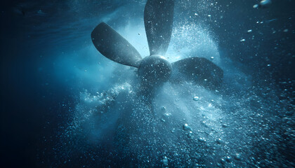 Spinning underwater ship propeller creates air bubbles in deep blue ocean, illustrating engineering power and energy flow