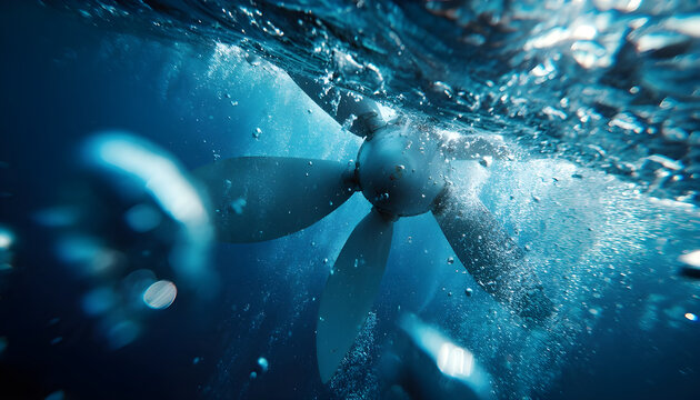 Spinning underwater ship propeller creates air bubbles in deep blue ocean, illustrating engineering power and energy flow