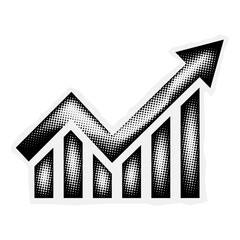 Halftone business growth bar chart sticker icon image. Graph, arrow, success, dot, profit,  increase, up, dotted icons design. Transparent PNG background