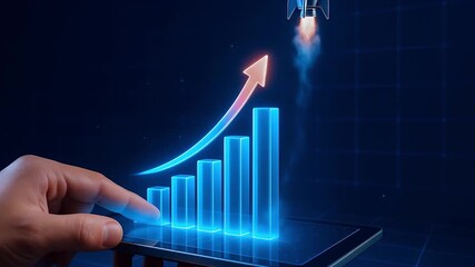 Digital growth chart rocket launch business success technology innovation futuristic graph rising arrow blue neon light financial progress digital marketing startup investment data visualization - Powered by Adobe